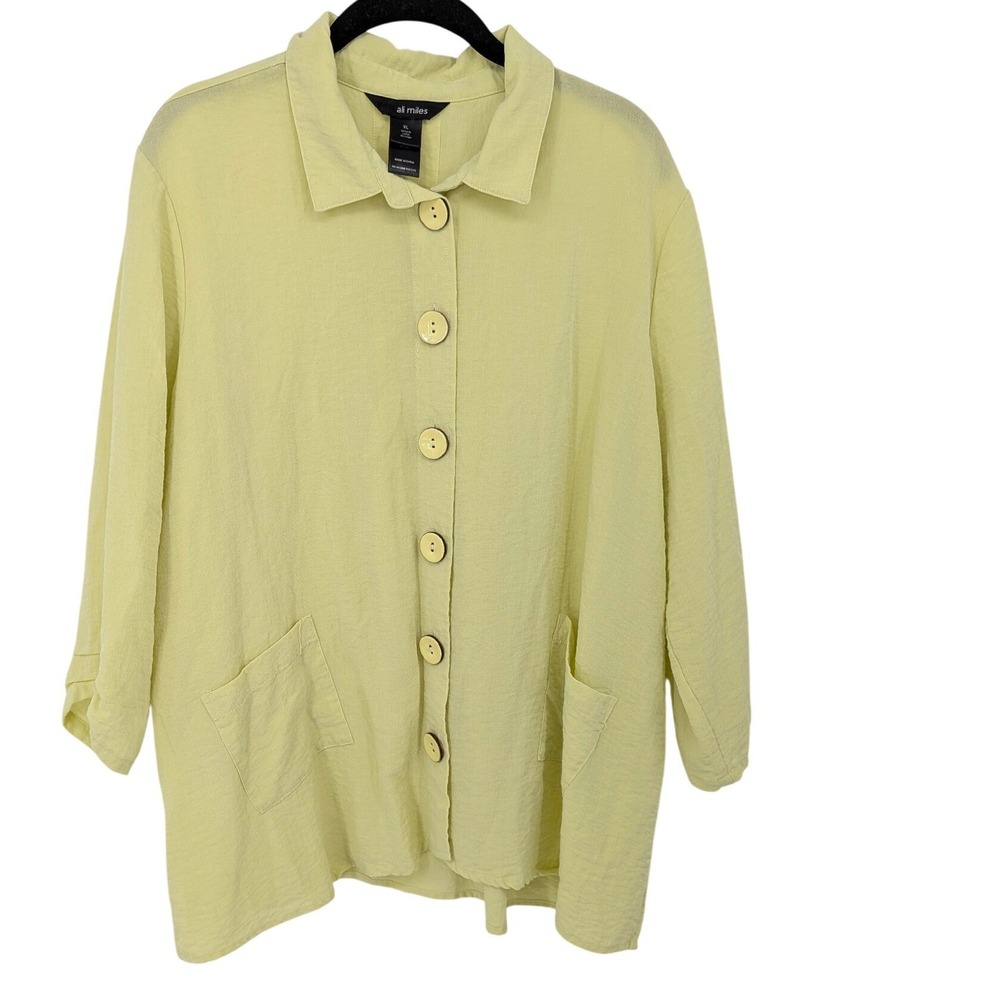 Ali Miles Button Front Blouse Women XL Chartreuse Green Tunic Top Artsy Casual